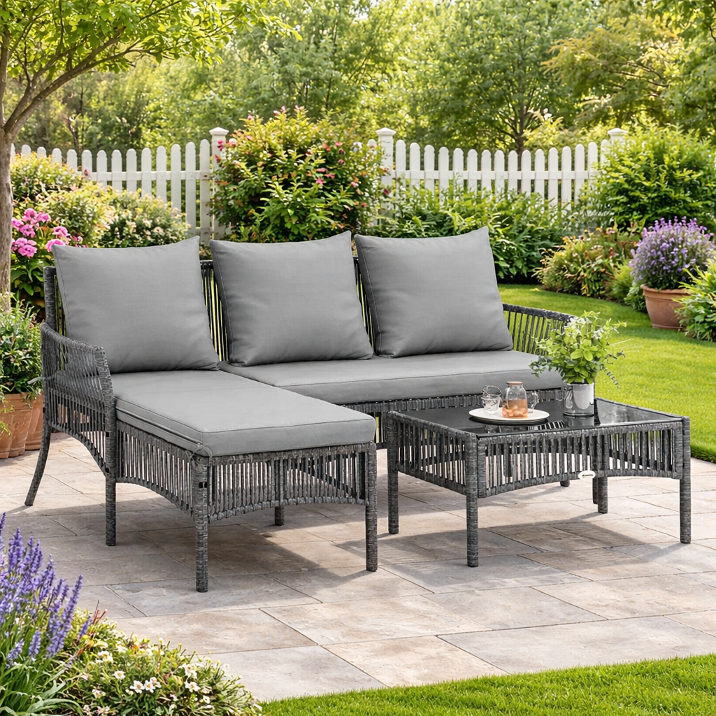 Outsunny 3 Piece Rattan Garden Furniture Corner Sofa Set with Chaise Lounge, Loveseat, Glass Coffee Table, Cushions, Dark Grey