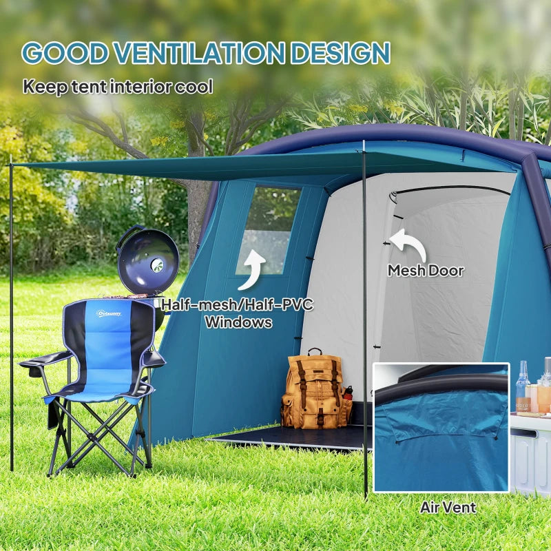 Outsunny Inflatable 3-4 Man Tunnel Tent w/ Air Pump, Living Area & Vestibule, Waterproof Family Camping Air Tent, Sewn In Groundsheet, Removable Footprint for Hiking, Blue