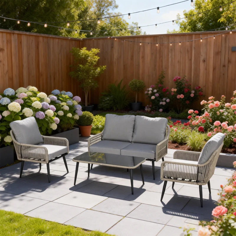 Outsunny Rattan Garden Furniture Set, 4 Piece Outdoor Patio Furniture with Tempered Glass Table and Chairs