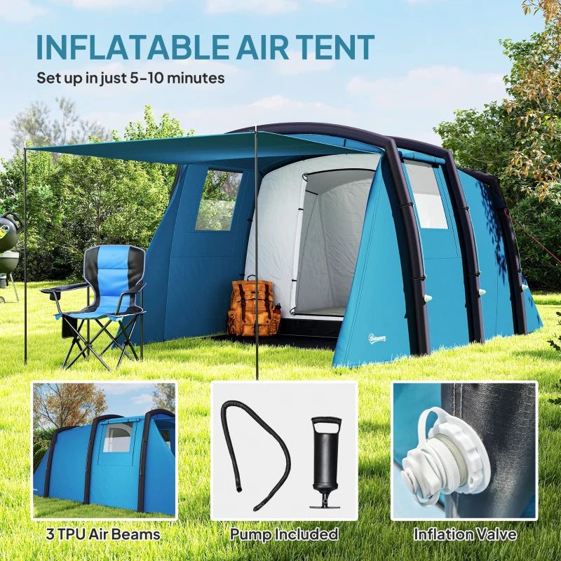Outsunny Inflatable 3-4 Man Tunnel Tent w/ Air Pump, Living Area & Vestibule, Waterproof Family Camping Air Tent, Sewn In Groundsheet, Removable Footprint for Hiking, Blue