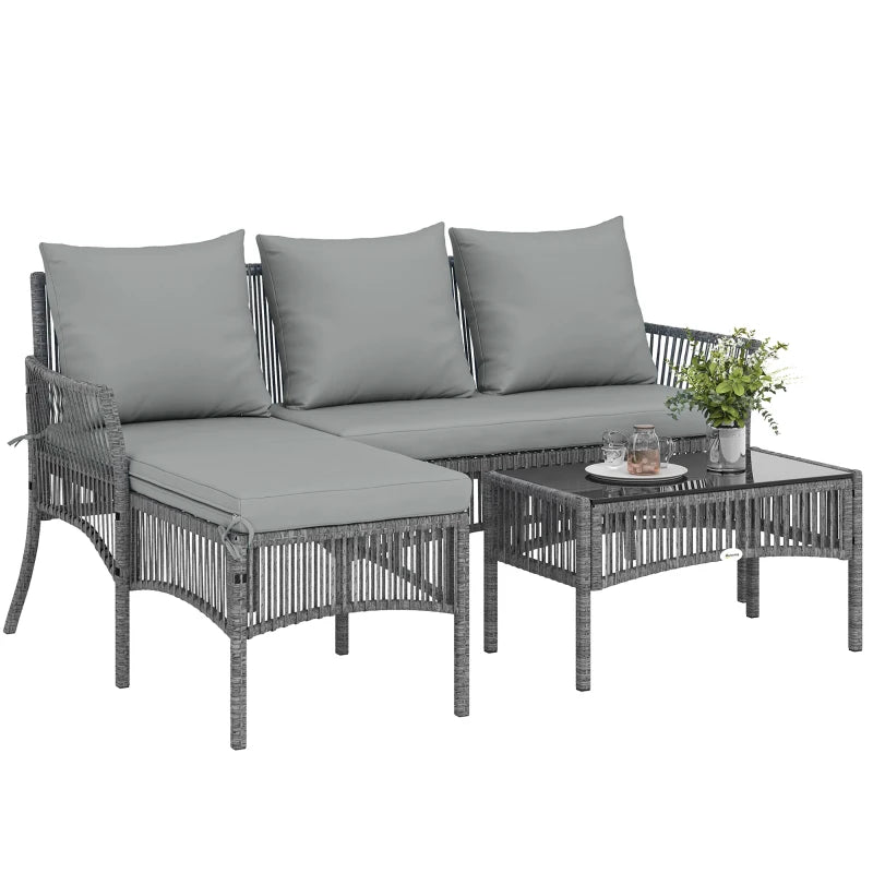 Outsunny 3 Piece Rattan Garden Furniture Corner Sofa Set with Chaise Lounge, Loveseat, Glass Coffee Table, Cushions, Dark Grey