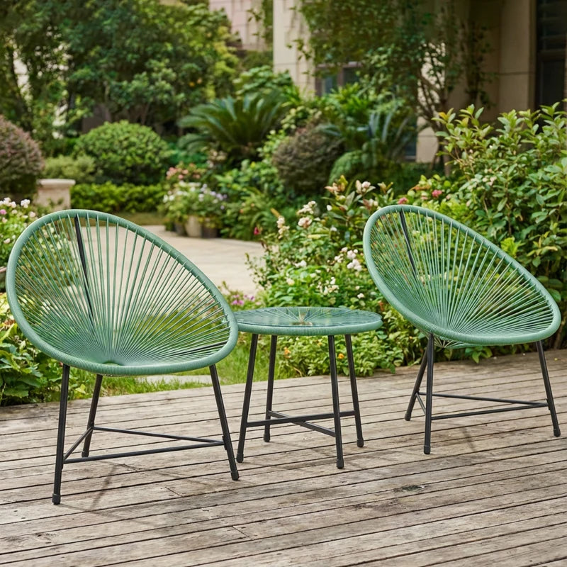 Rattan Bistro Set with Acapulco Chairs and Glass Table, Green