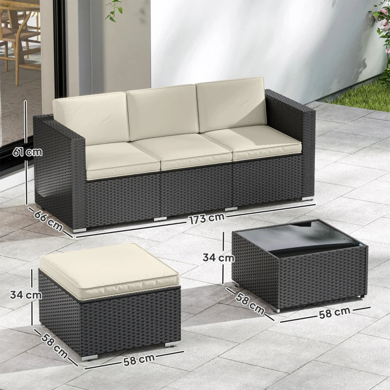 Outsunny 3 Pieces Garden Furniture Set w/ Cushions, PE Rattan Wicker Conversation Corner Sofa Set,Black/Cream