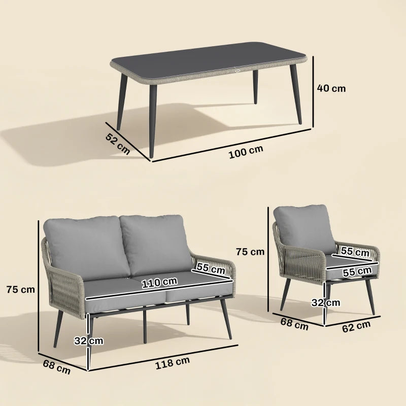 Outsunny Rattan Garden Furniture Set, 4 Piece Outdoor Patio Furniture with Tempered Glass Table and Chairs