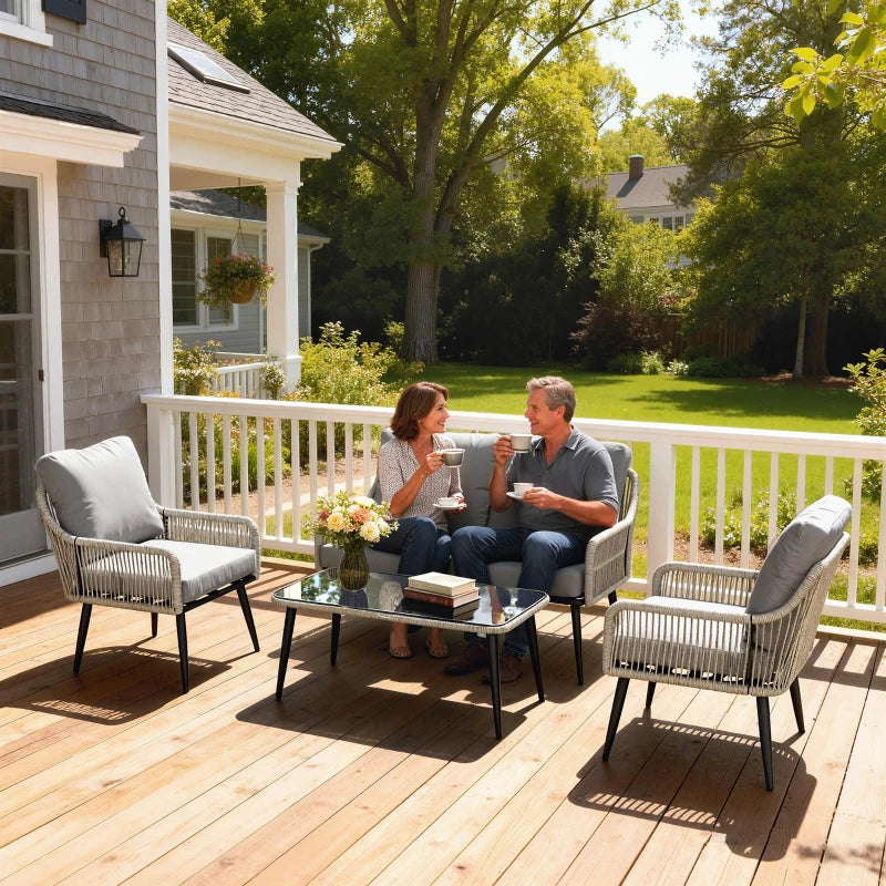 Outsunny Rattan Garden Furniture Set, 4 Piece Outdoor Patio Furniture with Tempered Glass Table and Chairs
