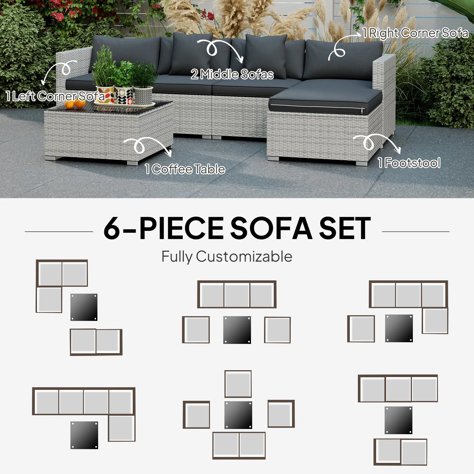 Oaklane 6-Piece Rattan Corner Sofa Set – Fully Customisable Outdoor Lounge - mixed grey
