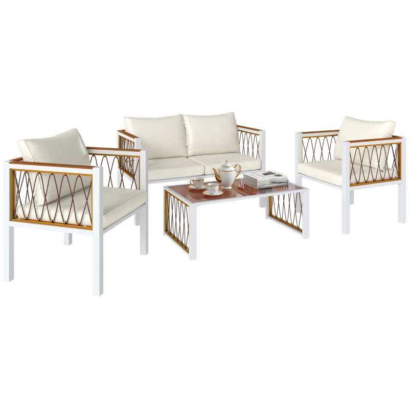 Outsunny 4 Piece Rattan Garden Furniture Set with Loveseat, 2 Armchairs, Table, Metal Frame Patio Conversation Set, Cream White