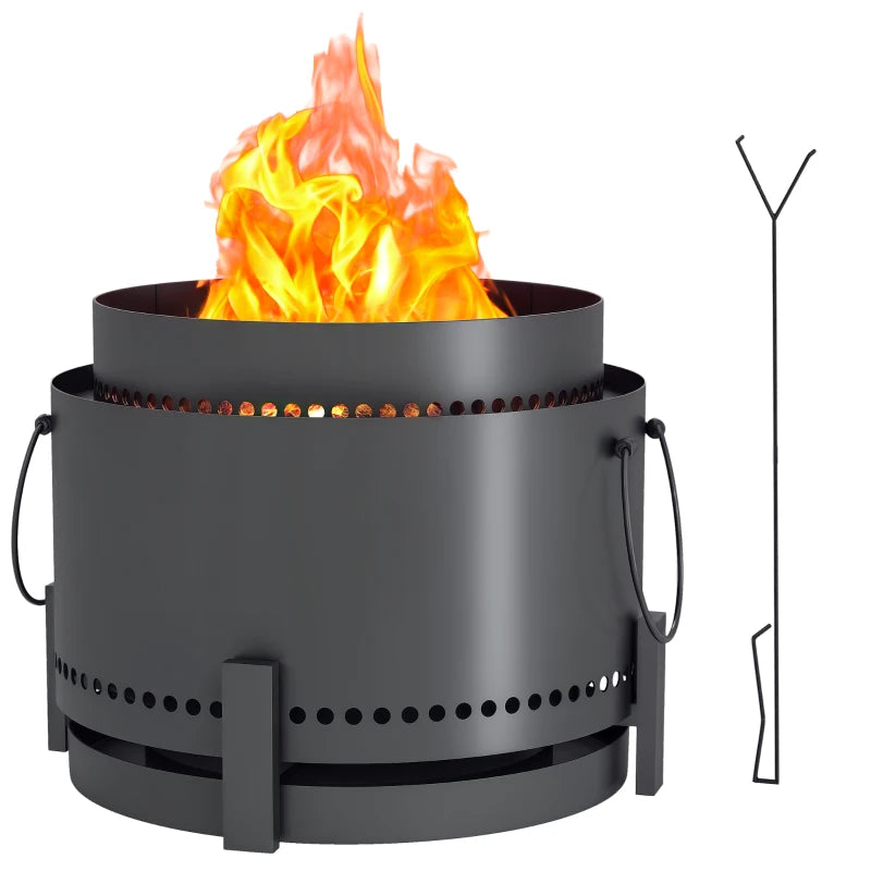 Outsunny Smokeless Fire Pit with Ash Catcher, 37cm Portable Wood Burning Firepit with Poker for Garden Camping Bonfire Party, Metal, Dark Grey