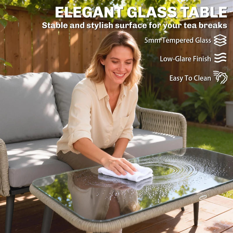 Outsunny Rattan Garden Furniture Set, 4 Piece Outdoor Patio Furniture with Tempered Glass Table and Chairs