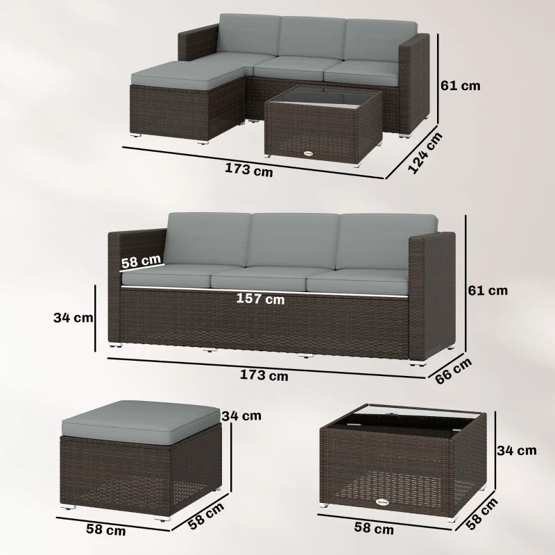Outsunny 3 Pieces Garden Furniture Set w/ Cushions, PE Rattan Wicker Conversation Corner Sofa Set, Light Grey
