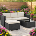 Outsunny 3 Pieces Garden Furniture Set w/ Cushions, PE Rattan Wicker Conversation Corner Sofa Set,Black/Cream
