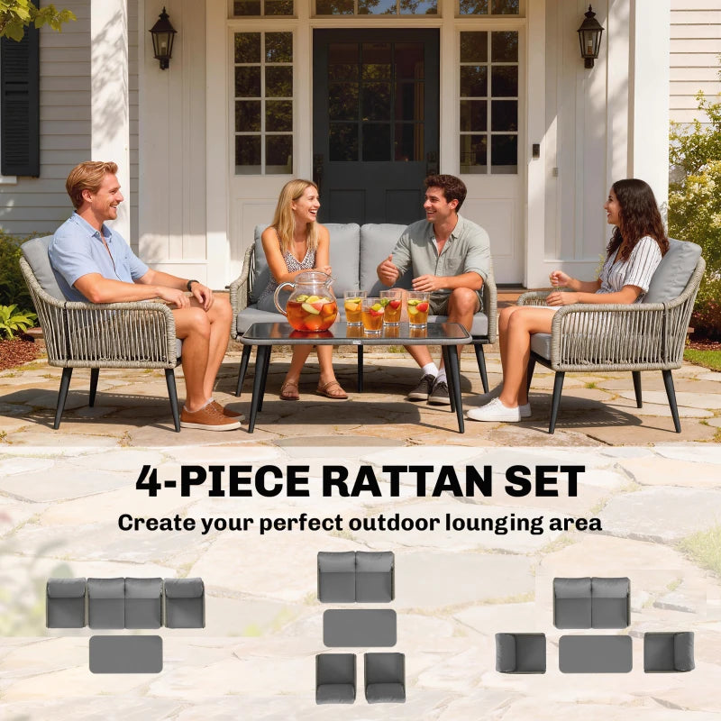Outsunny Rattan Garden Furniture Set, 4 Piece Outdoor Patio Furniture with Tempered Glass Table and Chairs