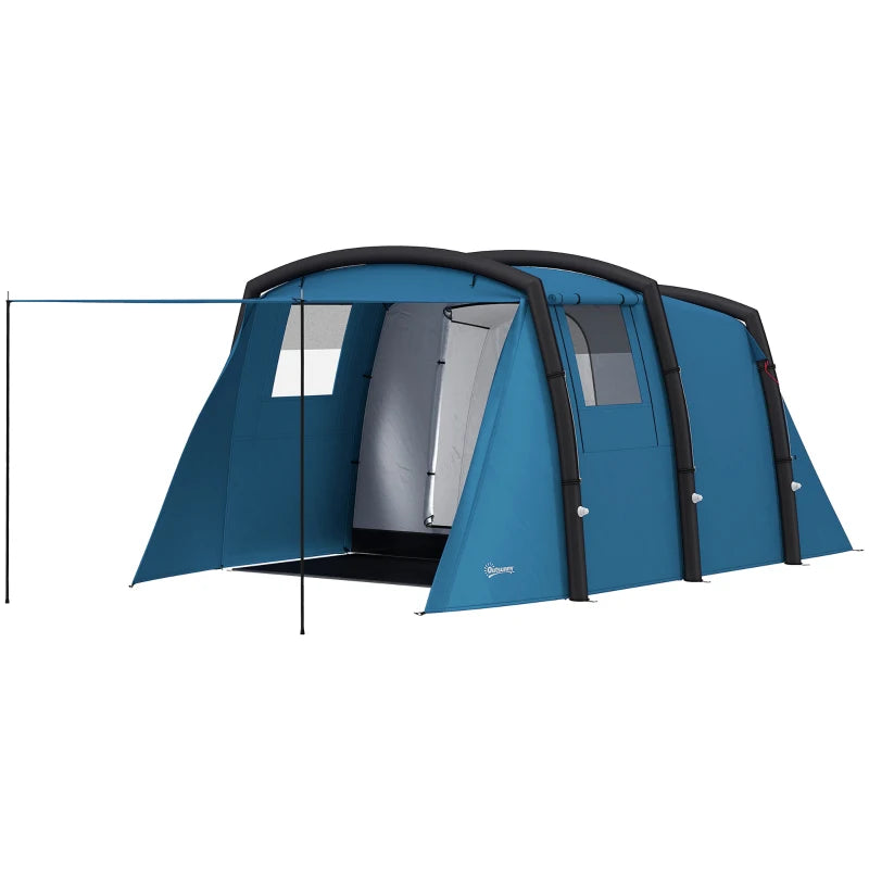 Outsunny Inflatable 3-4 Man Tunnel Tent w/ Air Pump, Living Area & Vestibule, Waterproof Family Camping Air Tent, Sewn In Groundsheet, Removable Footprint for Hiking, Blue