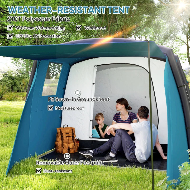 Outsunny Inflatable 3-4 Man Tunnel Tent w/ Air Pump, Living Area & Vestibule, Waterproof Family Camping Air Tent, Sewn In Groundsheet, Removable Footprint for Hiking, Blue
