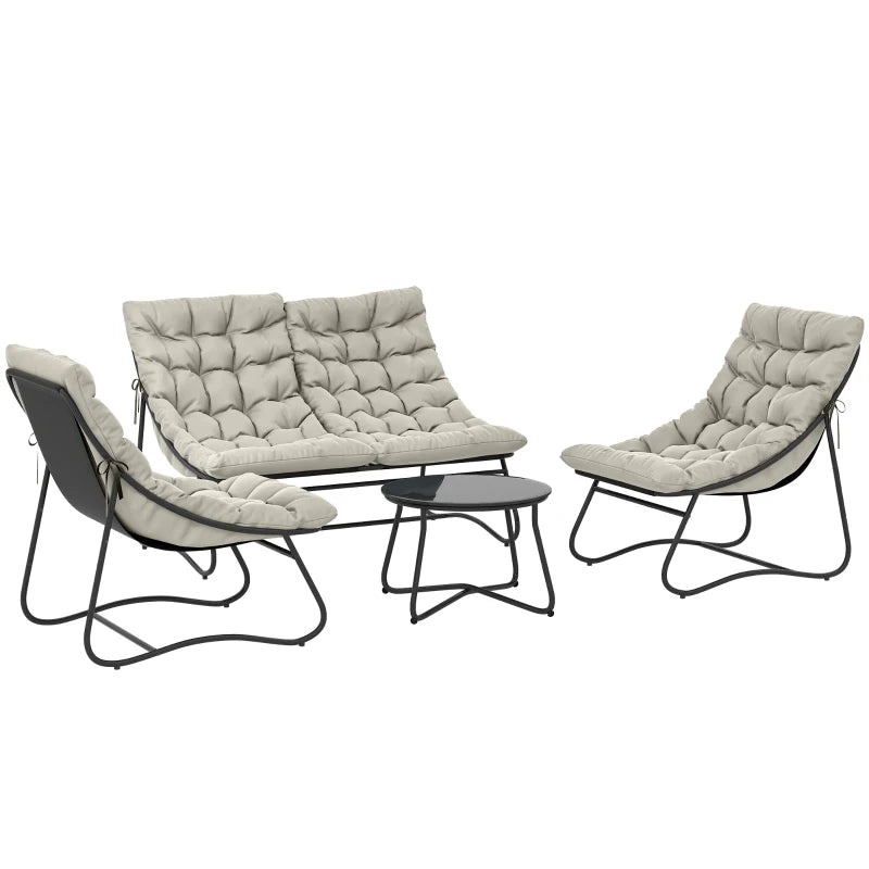 Outsunny 4 Seater Garden Furniture Set, Conversation Set with Loveseat Sofa, Chairs, Glass Coffee Table, Thick Cushions, Light Grey