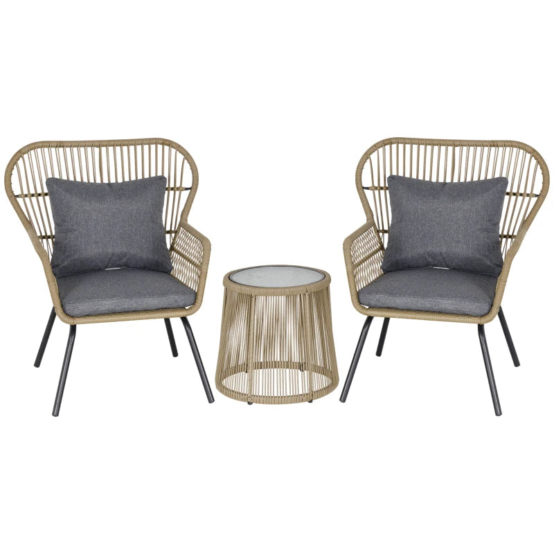 3 Pieces Rattan Bistro Set, Wicker Garden Furniture Set with Cushions, Glass Top Coffee Table and Chairs for Outdoor, Patio, Balcony, Brown