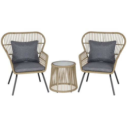 3 Pieces Rattan Bistro Set, Wicker Garden Furniture Set with Cushions, Glass Top Coffee Table and Chairs for Outdoor, Patio, Balcony, Brown