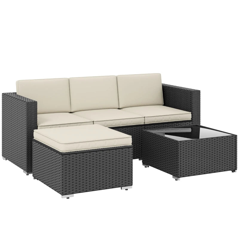 Outsunny 3 Pieces Garden Furniture Set w/ Cushions, PE Rattan Wicker Conversation Corner Sofa Set,Black/Cream