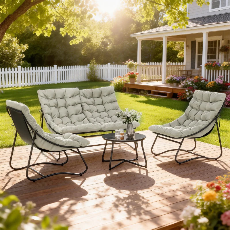 Outsunny 4 Seater Garden Furniture Set, Conversation Set with Loveseat Sofa, Chairs, Glass Coffee Table, Thick Cushions, Light Grey