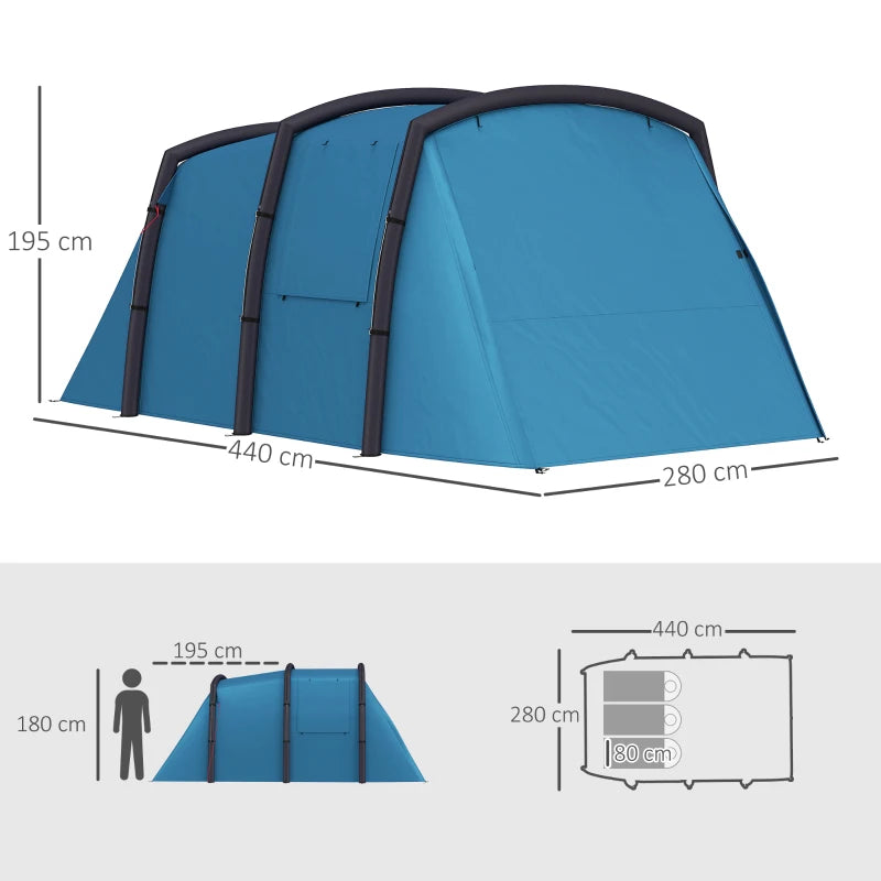 Outsunny Inflatable 3-4 Man Tunnel Tent w/ Air Pump, Living Area & Vestibule, Waterproof Family Camping Air Tent, Sewn In Groundsheet, Removable Footprint for Hiking, Blue