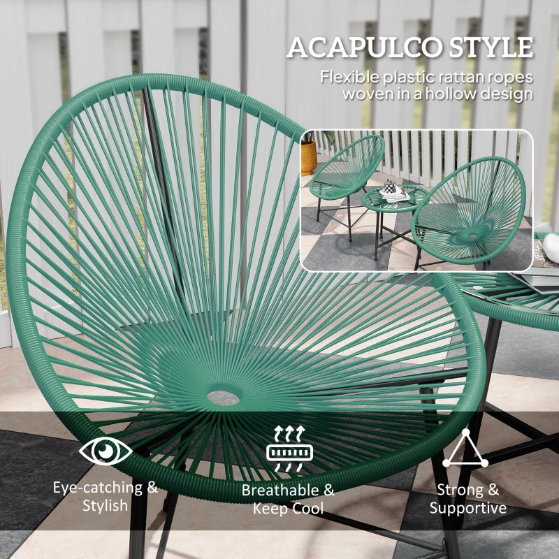Rattan Bistro Set with Acapulco Chairs and Glass Table, Green
