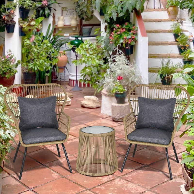 3 Pieces Rattan Bistro Set, Wicker Garden Furniture Set with Cushions, Glass Top Coffee Table and Chairs for Outdoor, Patio, Balcony, Brown