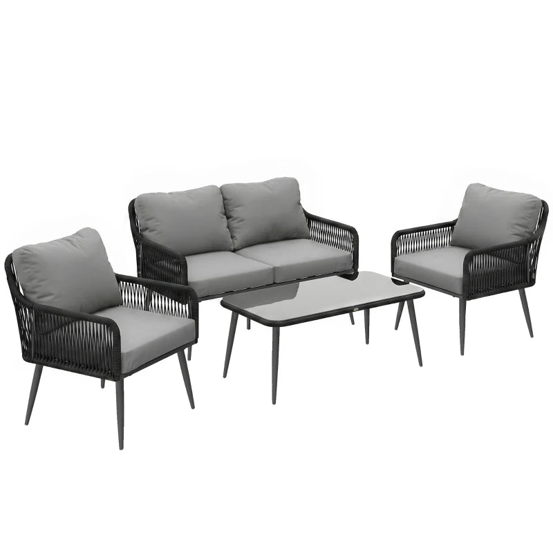 Outsunny Rattan Garden Furniture Set, 4 Piece Outdoor Patio Furniture with Tempered Glass Table and Chairs, Indoor Balcony Conservatory Set